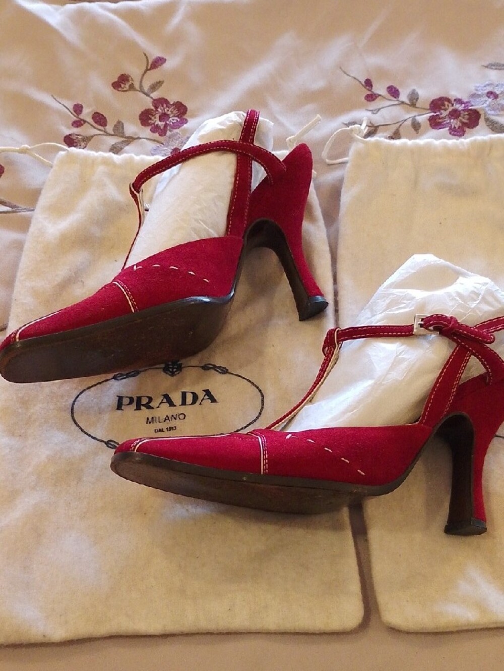 Women's Red T-Strap Suede Heels - Picture 3 of 5